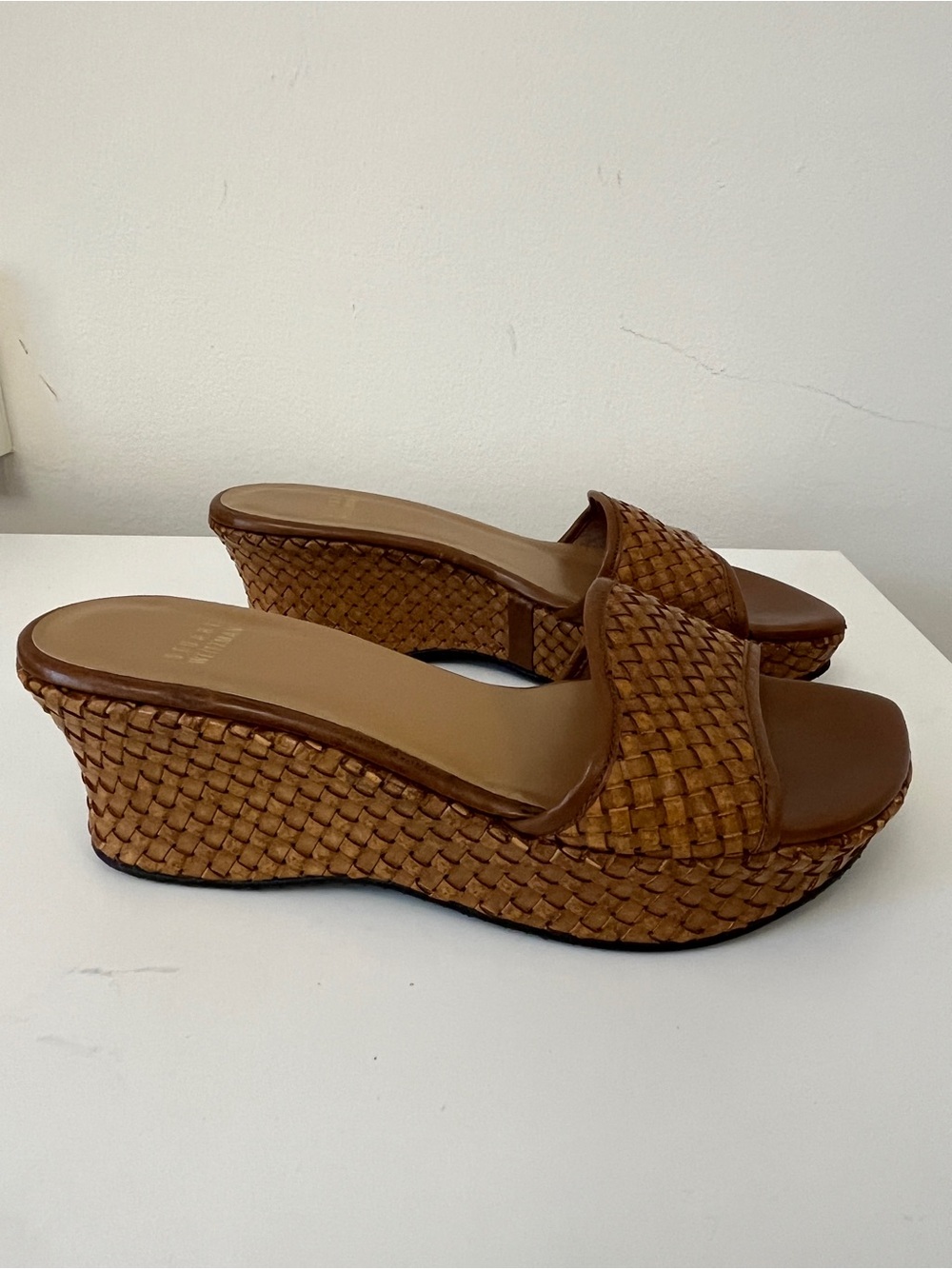 Stuart Weitzman Woven Leather Platform Wedge Slide Sandals Brown Women’s 8